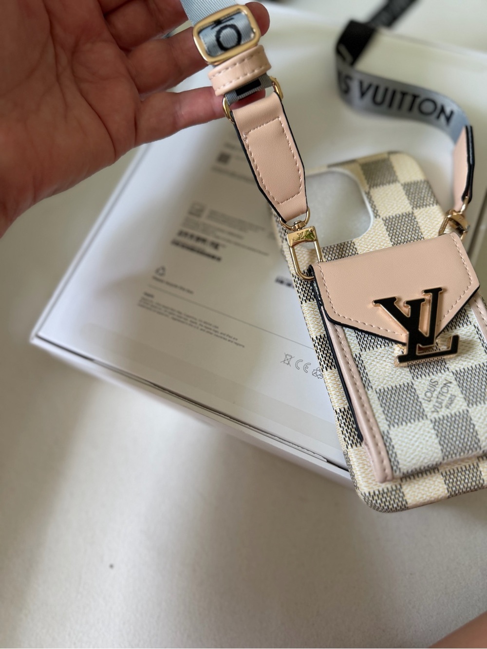 Louis Vuitton Damier Azur Phone Holder with Blush Pink Trim - Picture 5 of 8